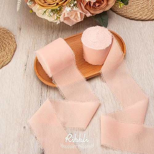 Blush Pink Chiffon Ribbon 2 Inch x 20 Yard Handmade Fringe Chiffon Silk Ribbon for Gifts (60 Foot)