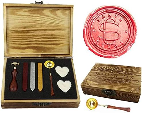 Vintage Santa Claus Monogram Wedding Wax Seal Stamp Kit Wooden Handle Melting Spoon Stick Wood Christmas Gift Box Set Invitation Gift Wrap Sealing Wax Seal Stamp Set