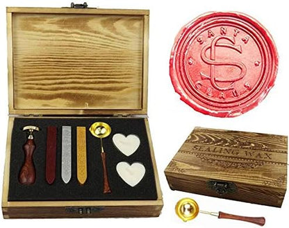 Vintage Santa Claus Monogram Wedding Wax Seal Stamp Kit Wooden Handle Melting Spoon Stick Wood Christmas Gift Box Set Invitation Gift Wrap Sealing Wax Seal Stamp Set