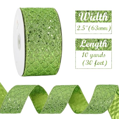 Lime Green Glitter Wired Christmas Ribbon 2.5 inch x 10 Yards (30 Foot)