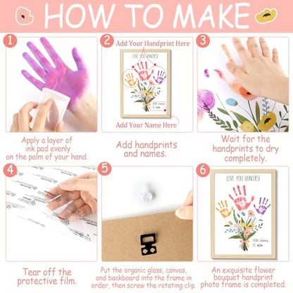 Colorful Flower Bouquet Handprint Art Craft DIY Kit Mother's Day Gifts From Daughter or Son Fun Family Handprint Keepsake with Wood Frame for Mom Grandma Birthday Christmas 12x16 Inch