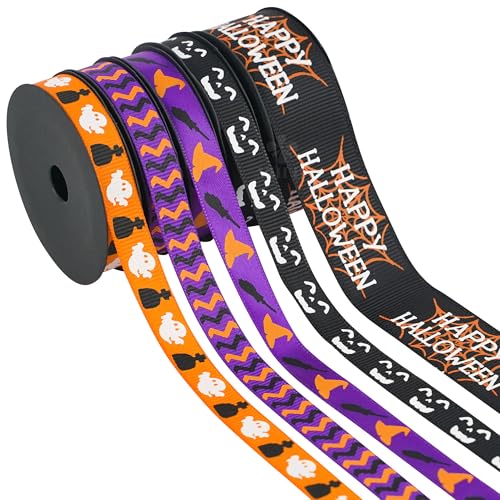 3 8 inch 1 inch Halloween Ribbon Set Spooky October Ribbon Assortment 5 Rolls 10 Yards Halloween Crafts (30 Foot)