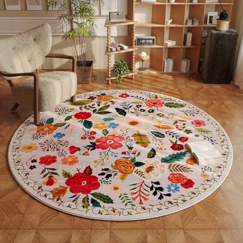 Round Rug 4ft Washable Circle Rug Non Slip Low Pile Boho Floral Small Circular Rug for Bedroom