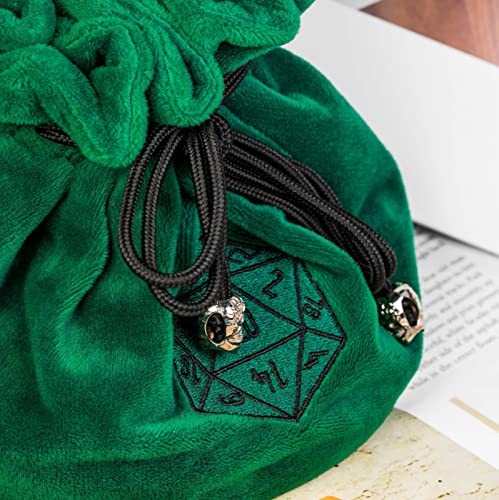 Large Dice Bag D&D with Pockets Green Dice Storage Bag D20 Pattern (20.4 Ounce)