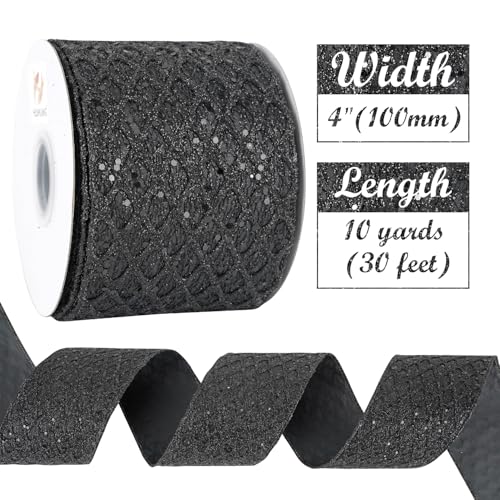 Black Glitter Diamond Wired Christmas Ribbon 4 inch x 10 Yards (30 Foot)