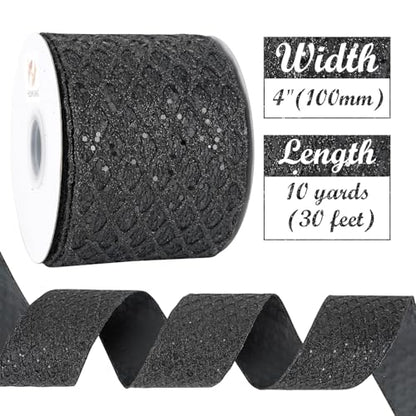 Black Glitter Diamond Wired Christmas Ribbon 4 inch x 10 Yards (30 Foot)