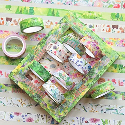 10 Rolls Four Seasons Washi Tape Set Green Grass Flowers Masking Decorative Tapes (10 Count)