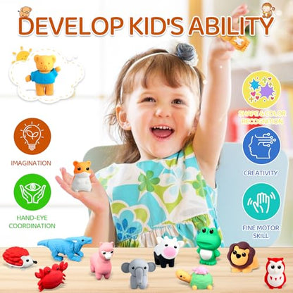 60Pcs Animal Erasers Kids Desk Pets Pencil Erasers 3D Puzzle Bulk Mini Animal Eraser Toys Fun Cute Eraser for Classroom Rewards (60 Count)