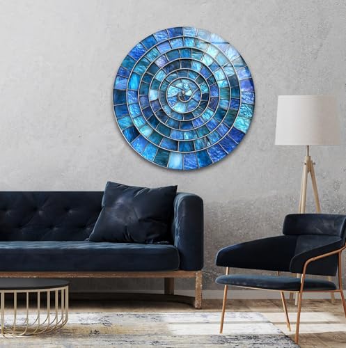 31.5''(80cm) Diameter Blue Aqua Spiral Harmony Round Glass Wall Art Tempered Glass Printing Wall Decor Large Wall Art Wall Hangings