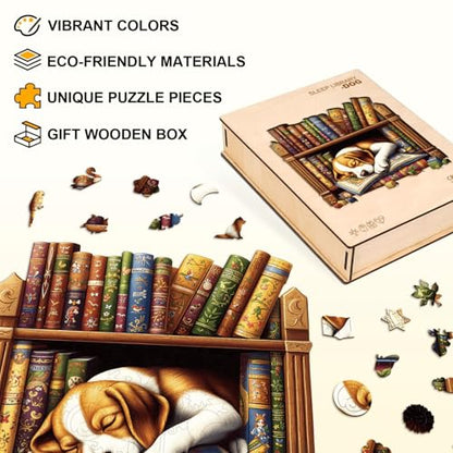 Puppy Dog Puzzles Bookshelf Books Library Shape Puzzle Adults Gifts for Women Men Wooden 300 Pieces 13.4 * 13.4in Wall Decor