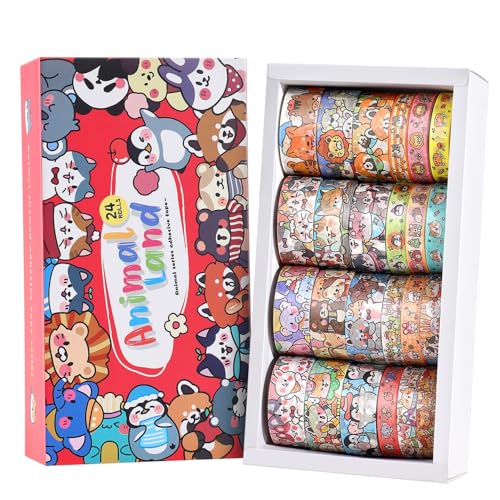 24 Rolls Colorful Cute Cartoon Animal Writable Washi Tape Set (24 Count)