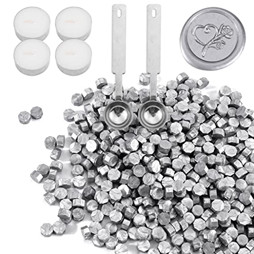 360 Pcs Silver Octagon Sealing Wax Beads for Wax Seal Stamp with 4 Candles and 1pcs Melting Spoon (360 Count)
