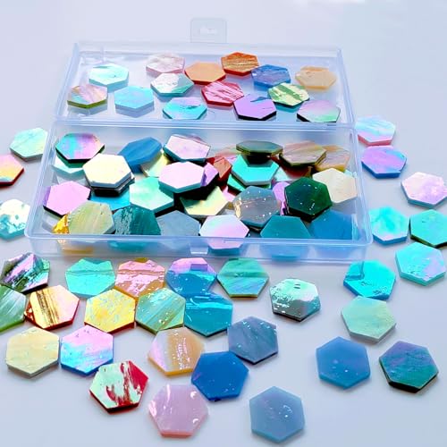100 pcs Hexagon Iridescence Stained Glass Pieces Mosaics Tiles for Crafts Bulk (100 Count)