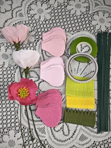 Pink Crepe Paper Poppy Bouquet Making Kit 24 pcs DIY Craft Set for Home Decor & Events Complete Craft Materials for Floral Art (194 Count)