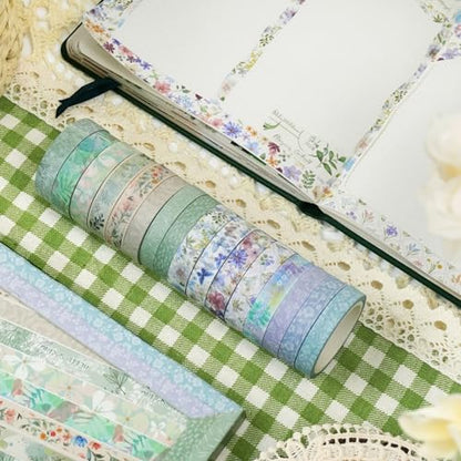 Spring Washi Tape Set 16 Rolls Flowers Printed Embellishment Green Decorative Masking Tapes for Arts (16 Count)