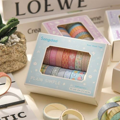 20 Rolls Basic Washi Tape Set Japanese Arts Adhesive Tapes Simple Patterns Decorative Masking Tape Sets for Craft (20 Count)