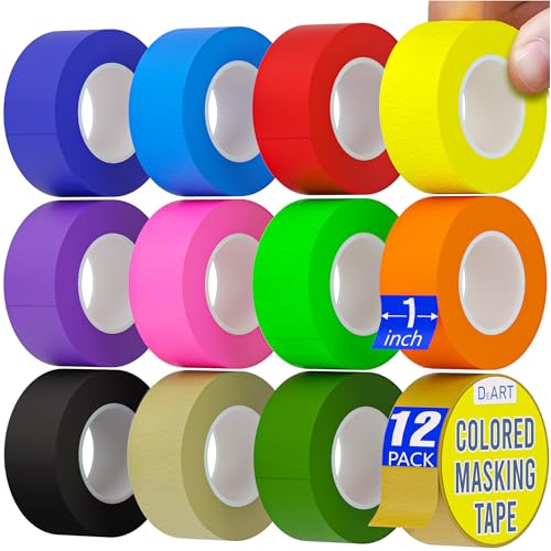 Colored Masking Tape 12 Pack 1 inch Color Painters Tape for Arts & Crafts Labeling (12 Count)