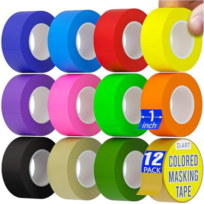 Colored Masking Tape 12 Pack 1 inch Color Painters Tape for Arts & Crafts Labeling (12 Count)