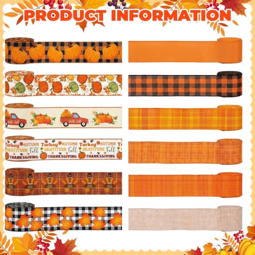 12 Rolls 60 Yards Fall Wired Ribbon for Wreaths Bows Crafts (12 Count)