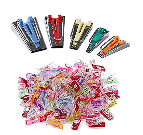 Bias Tape Maker Set 6mm 9mm 12mm 18mm 25mm Fabric Bias Binding Maker with 100pcs Colorful Multipurpose Sewing Clips for DIY Sewing Crafting Quilting Tools Kit