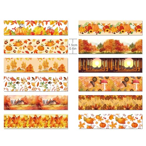 12 Pcs Thanksgiving Washi Tape Maple Leaf Print Masking Tape Pumpkin Pattern Decorative Paper Sticker for Fall Party Holiday Scrapbook DIY Craft Gift Wrapping Handbook Sticker (12 Count)