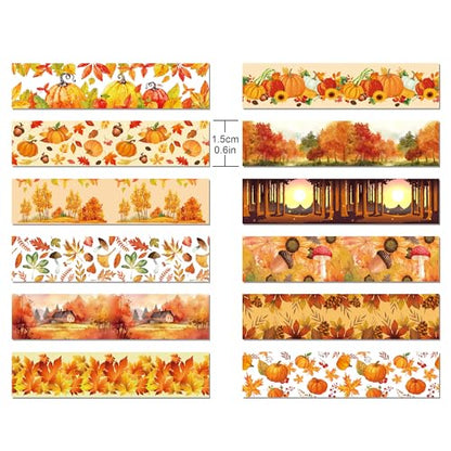 12 Pcs Thanksgiving Washi Tape Maple Leaf Print Masking Tape Pumpkin Pattern Decorative Paper Sticker for Fall Party Holiday Scrapbook DIY Craft Gift Wrapping Handbook Sticker (12 Count)