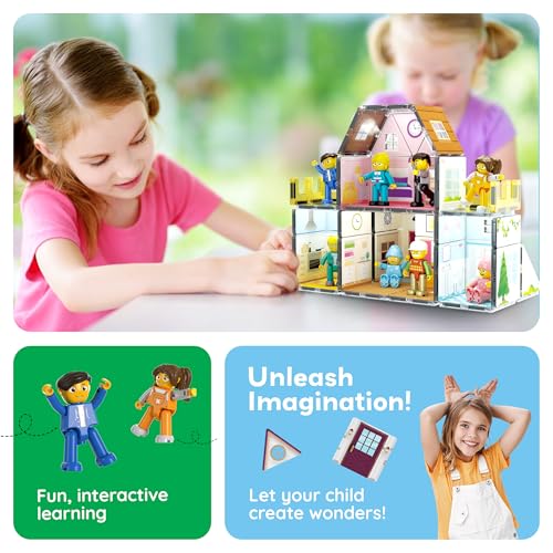Magnet Tile Building Block Family Homestead Doll House Theme Playset 8 Character Action Figures Double Sided Magnetic Tiles Printing STEM Education Learning Kit Toy Set Kids Ages 3+ PTQ06 (5 Count)
