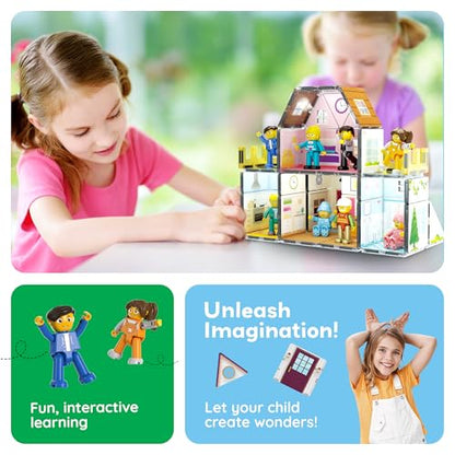 Magnet Tile Building Block Family Homestead Doll House Theme Playset 8 Character Action Figures Double Sided Magnetic Tiles Printing STEM Education Learning Kit Toy Set Kids Ages 3+ PTQ06 (5 Count)
