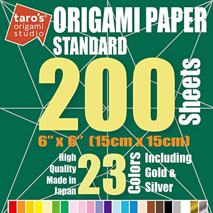Taro's Origami Studio] Standard 6 Inch One Sided 23 Colors 200 Sheets Square Easy Fold Premium Japanese Paper for Beginner