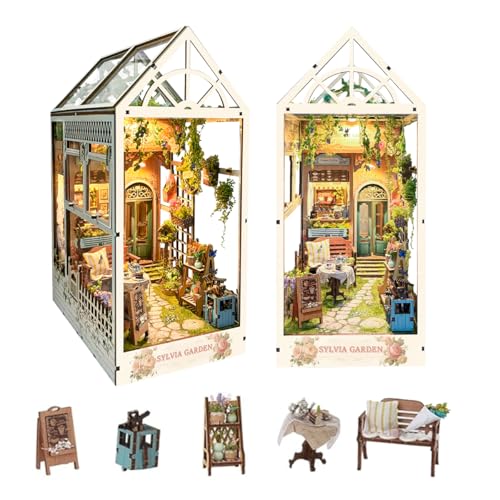 LED Garden Book Nook Kit DIY Miniature Dollhouse 3D Puzzle Wooden Bookshelf Room Decoration