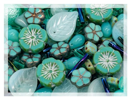 2.1oz (60 g) Mix of Unique Czech Bohemia Glass Pressed Beads, Rocailles, Opaque Turquoise Green Copper Crystal Silver, Matte and Glossy, Hand Made BCV (2.1164 Ounce)