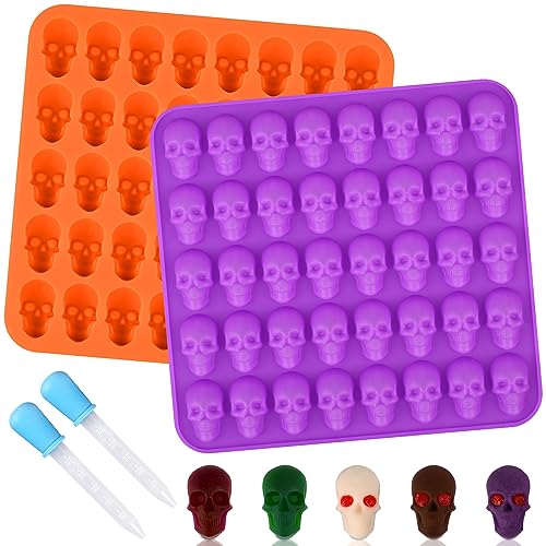 2 Pack Gummy Skull Candy Silicone Molds 40 Cavity Silicone Skull Molds with 2 Droppers for Halloween Chocolate