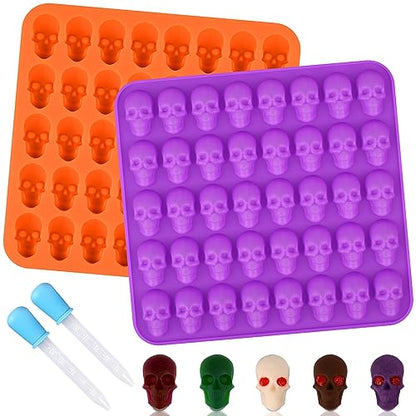 2 Pack Gummy Skull Candy Silicone Molds 40 Cavity Silicone Skull Molds with 2 Droppers for Halloween Chocolate