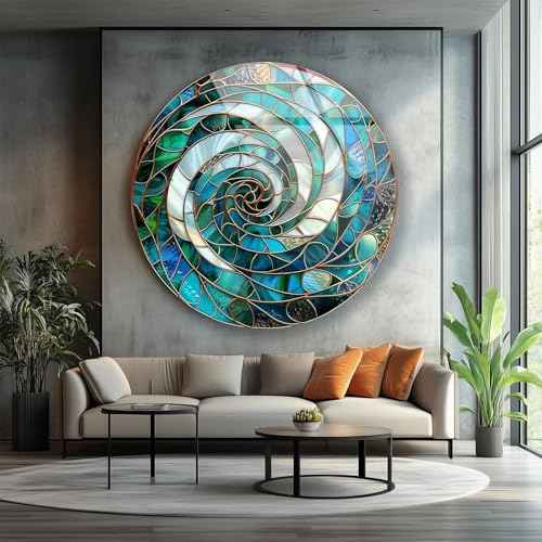 31.5''(80cm) Diameter Aqua Spiral Harmony Round Glass Wall Art Tempered Glass Printing Wall Decor Large Wall Art Wall Hangings