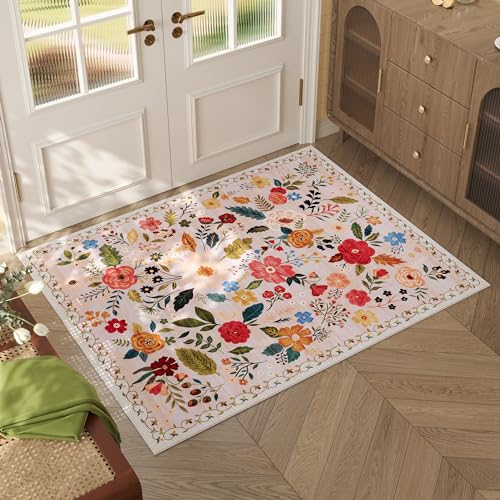 Door Mat Indoor Entrance 2x3 Rug Machine Washable Boho Floral Small Area Rug Non