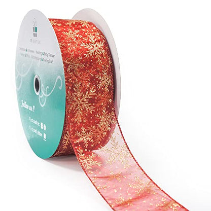Organza with Red Glitter Snowflakes Wired Ribbon 2.5 inch x 50 Yards for Christmas Home Decor Tree Topper Bow Gift Wrapping DIY Crafts Wreath Garland Wedding (150 Foot)