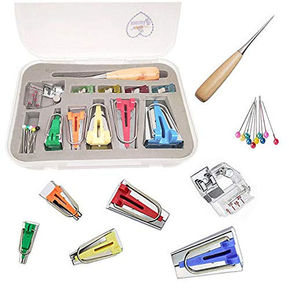 Bias Tape Maker Kits All 5 Sizes 6MM 9MM 12MM 18MM 25MM Binding Foot Craft Clips Awl Quilter's Pin (20 Count)