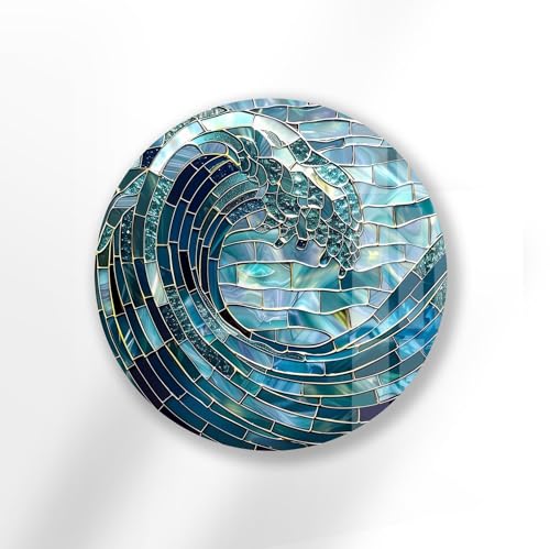 27.5''(70cm) Diameter Ocean Wave in Blue Mosaic Round Glass Wall Art Tempered Glass Printing Wall Decor Large Wall Art Wall Hangings