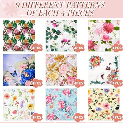 36 Pack 9 Styles Decoupage Napkins Rural Floral Napkins (36 Count)
