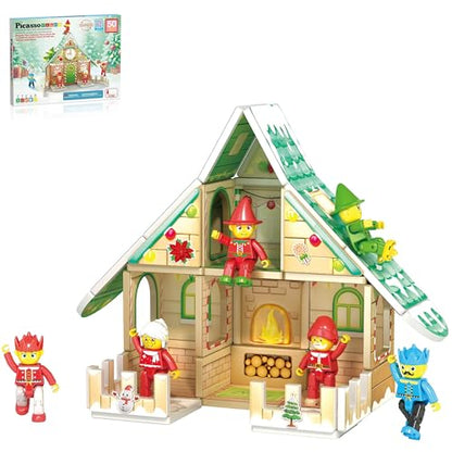 Magnetic Tile Christmas Holidays Cottage Building Set with Santa Elves Nutcracker 6 Character Figures STEM Educational Construction Toy Winter Magnet Block Gift for Kids Age 3 Plus PTQ08