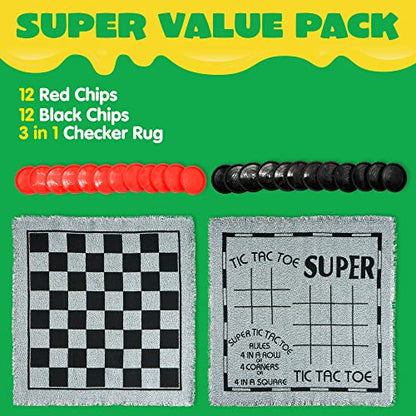 3-in-1 Vintage Giant Checkers, Tic, Tac, Toe, with Reversible Mat, 24 Chips, Family Board Game, Lawn Game, BBQ Party Favor, Indoor and Outdoor Activity for Kids and Adults (24 Count)