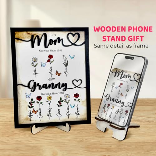 First Mom Now Grandma Wood Frame with Phone Stand Gifts Mothers Day New Grandmother Custom Grandma's Garden Plaque Birth Month Flowers Sign with Grandkids Names