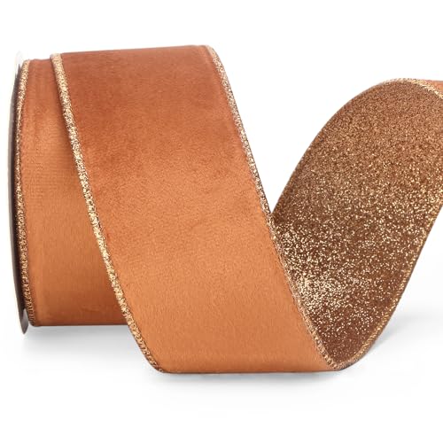 Burnt Orange Velvet Wired Ribbon 2.5 Inch Copper Velvet with Copper Glitter Christmas Ribbon for Christmas Tree Decoration Big Bow Gift Wrapping Crafts Wreaths Supplies (30 Foot)