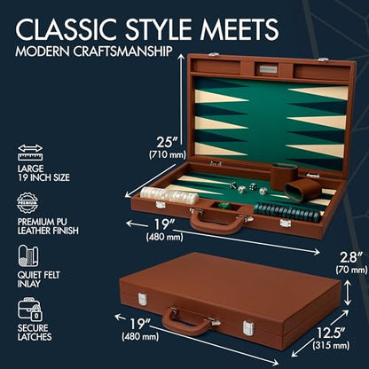 19 Inch Premium Backgammon Sets for Adults Leather Brown