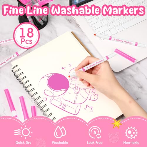 18 Pcs Line Washable Markers Pink Fine Tip Markers for Kid (18 Count)