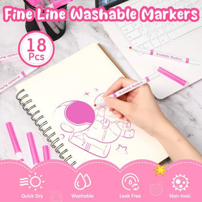 18 Pcs Line Washable Markers Pink Fine Tip Markers for Kid (18 Count)