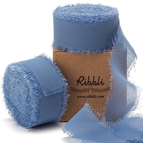 Dusty Blue Chiffon Ribbon 1 Inch x 20 Yard Handmade Fringe Chiffon Silk Ribbon Dusty Blue Ribbon for Gifts Wrapping (60 Foot)
