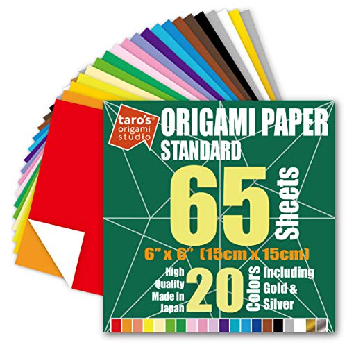 Taro's Origami Studio] Standard 6 Inch One Sided 20 Colors 65 Sheets Square Easy Fold Premium Japanese Paper for Beginner (65 Count)