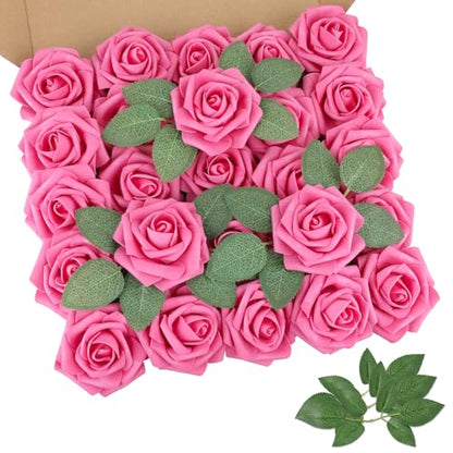 Hot Pink Rose 25pcs Real Looking Artificial Flowers w