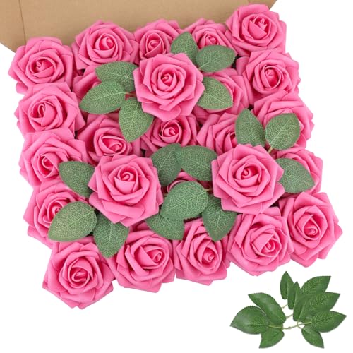 Hot Pink Rose 25pcs Real Looking Artificial Flowers w